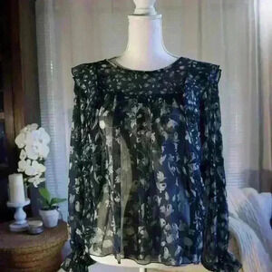 Lucky Brand Sheer Print Ruffle Blouse